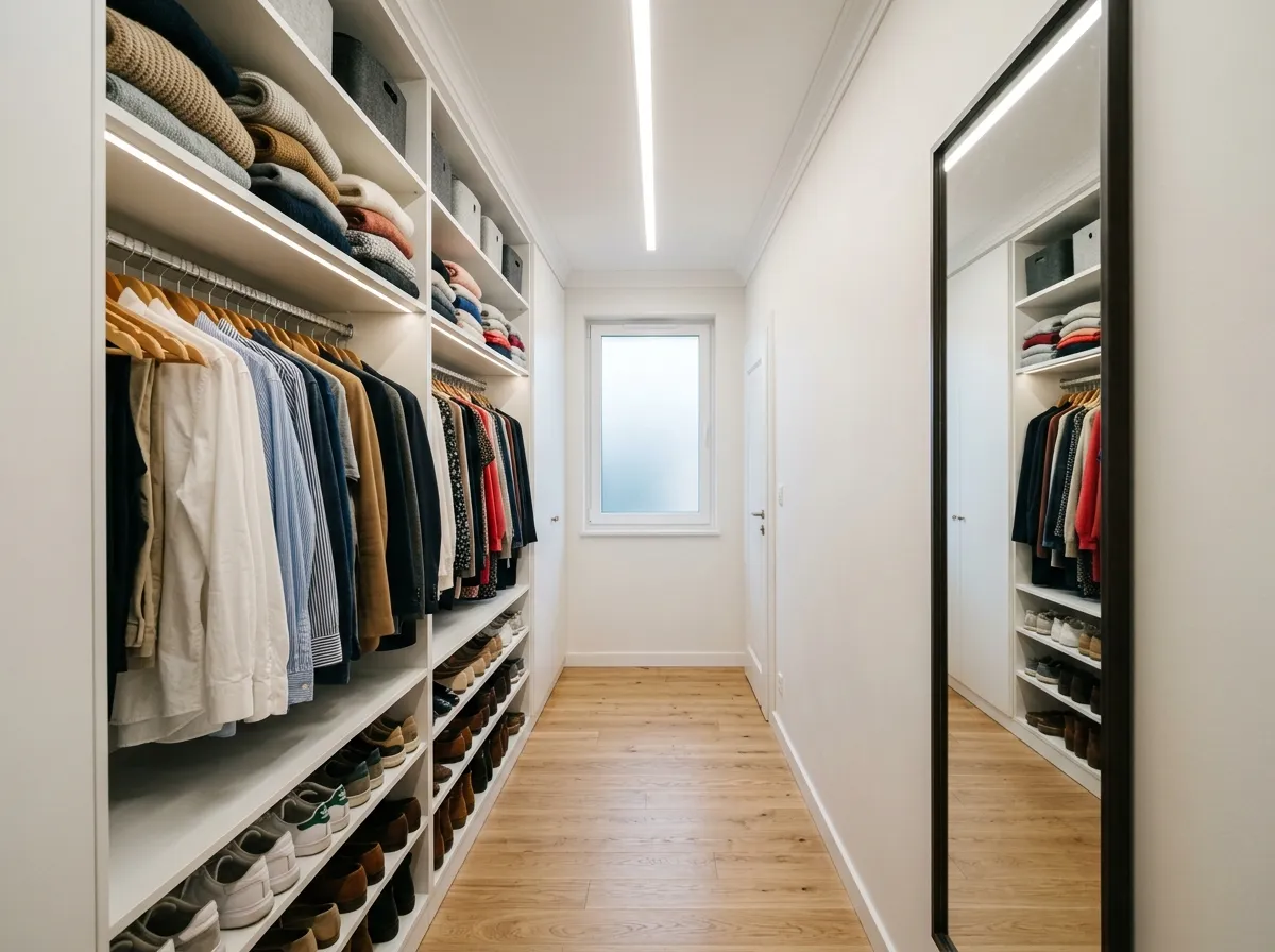 Узкая гардеробная walk-in на заказ с хранением вдоль одной стены и свободным проходом