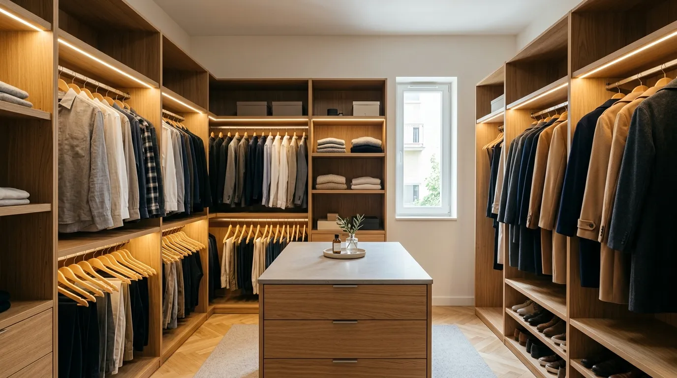 Гардеробная walk-in на заказ: размеры, планировка, наполнение