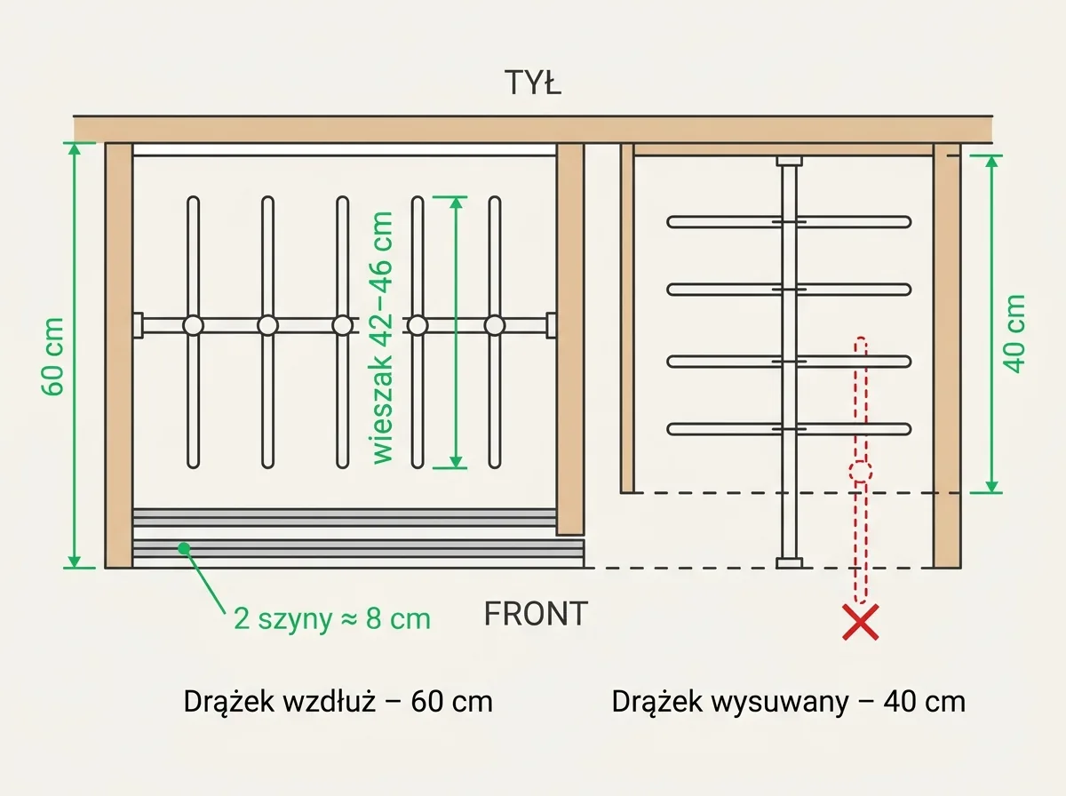 Top view: 60 cm wardrobe with a lengthwise rail and 40 cm wardrobe with a pull-out rail