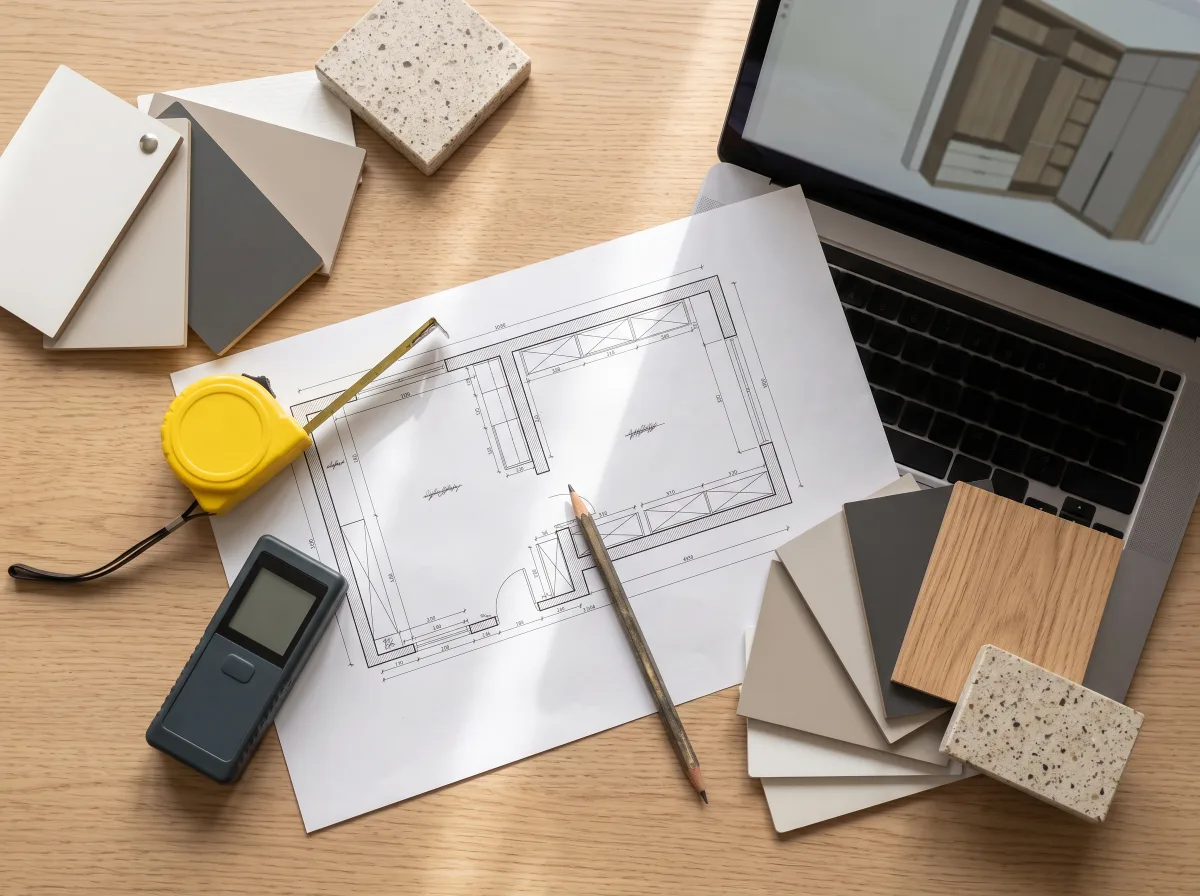 Plan pomieszczenia na biurku, żółta miarka, dalmierz laserowy, ołówek, próbki materiałów i laptop z modelem 3D szafy