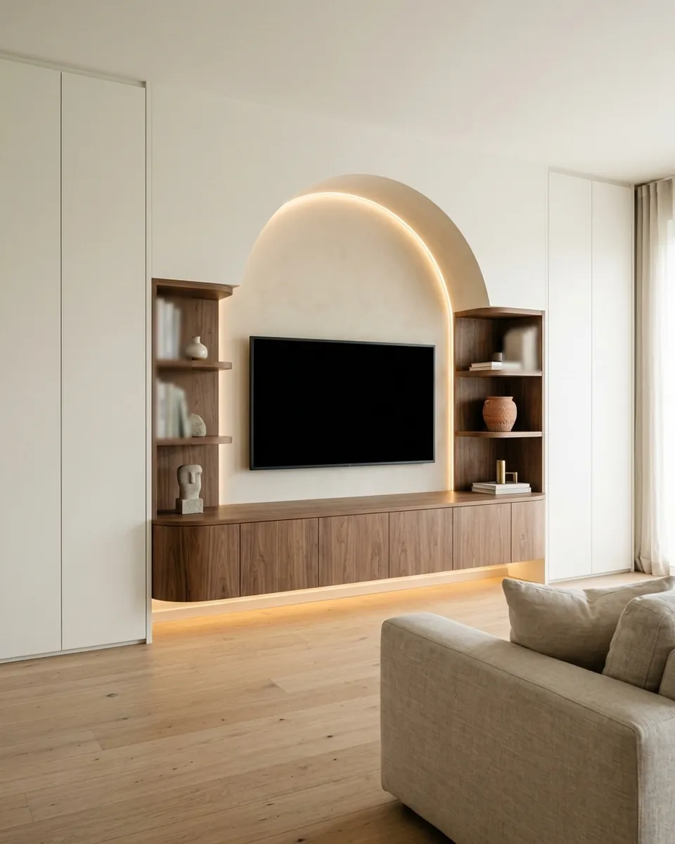 Visualisation: a TV wall with a lit arched niche, a floating walnut TV unit with rounded ends and shelves with curved sides
