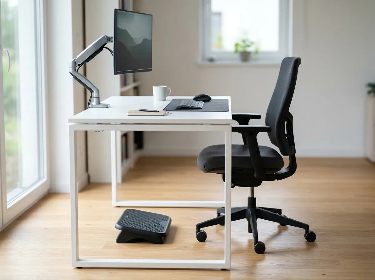 Custom office desk from the side with generous legroom, ergonomic chair and footrest