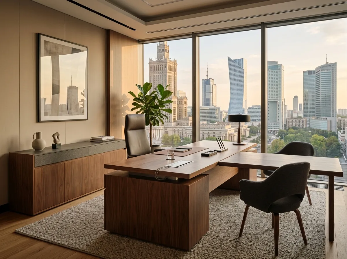 Custom walnut veneer executive desk with meeting extension in a Warsaw office