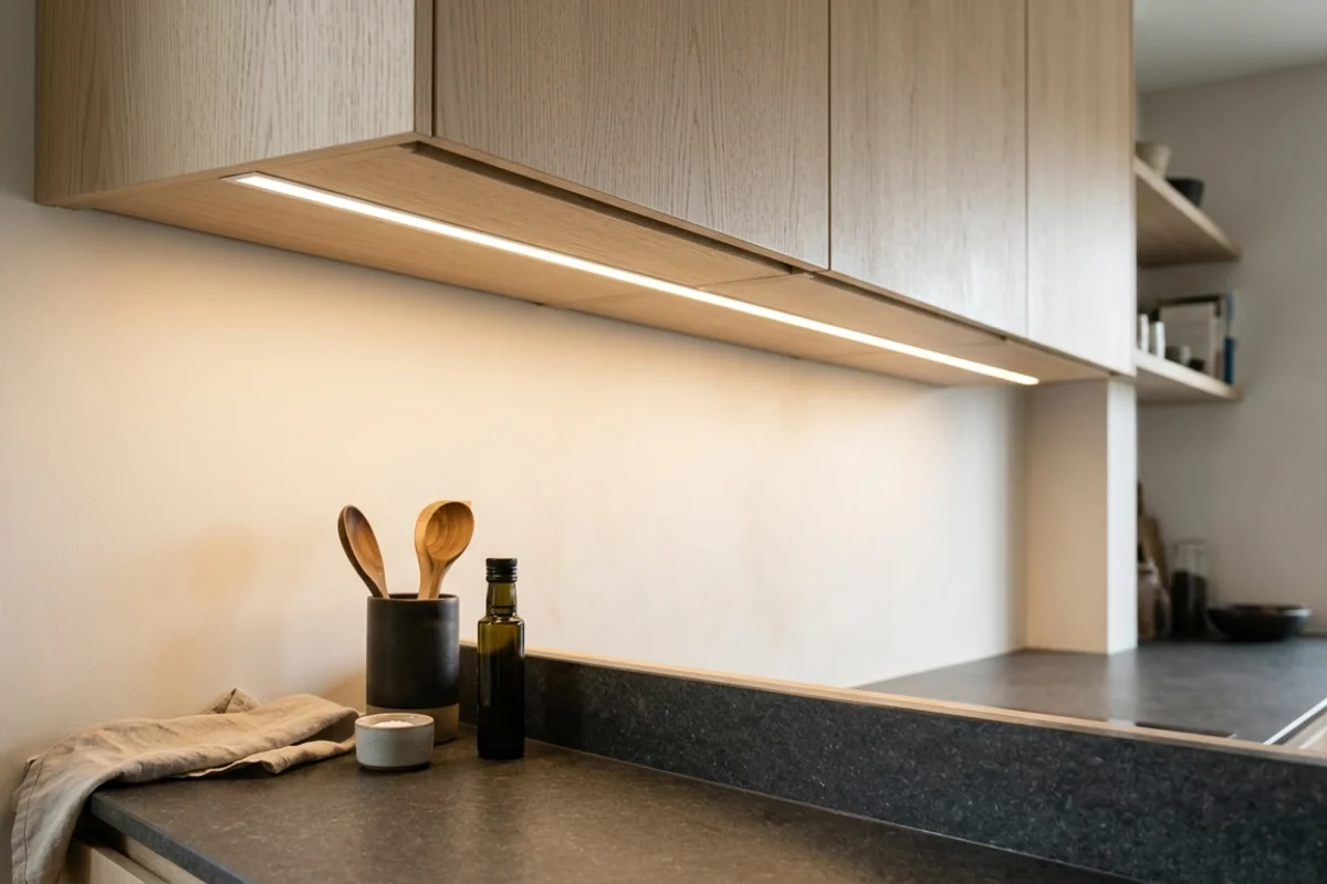Kitchen task lighting with an LED strip under the wall units