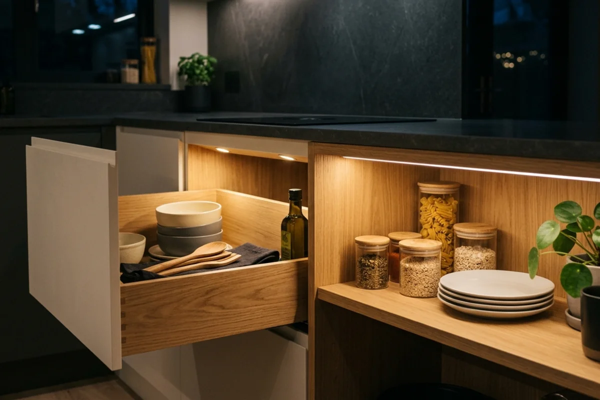 LED profile in a shelf and a lit drawer in a bespoke kitchen