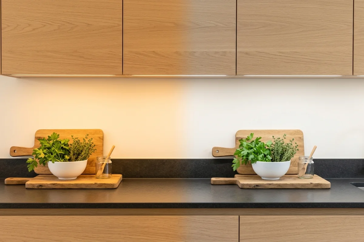 Comparison of kitchen lighting colour temperature over the work surface
