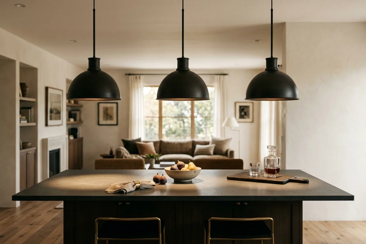 Pendant lights over a kitchen island and lighting for the work zone