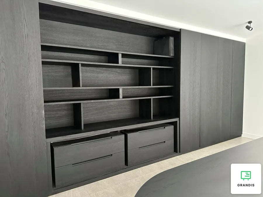 Black Oak Built-In Office Wall Unit
